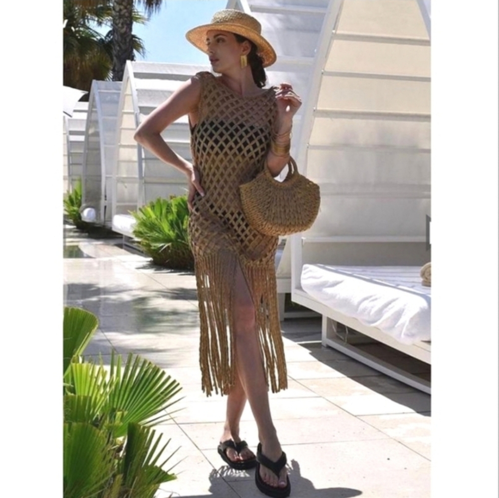 Zara Mesh Fringe Beach Cover Dress Tan Size S